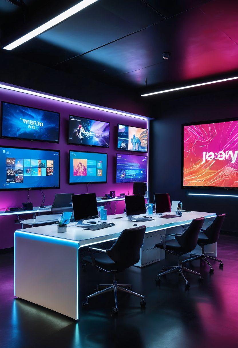 An innovative digital agency office with creative professionals brainstorming, showcasing website designs and digital solutions on large interactive screens. The scene includes modern tech gadgets, vibrant mood lighting, and a dynamic backdrop highlighting diverse web applications. Super-realistic. Vibrant colors. Modern aesthetic.