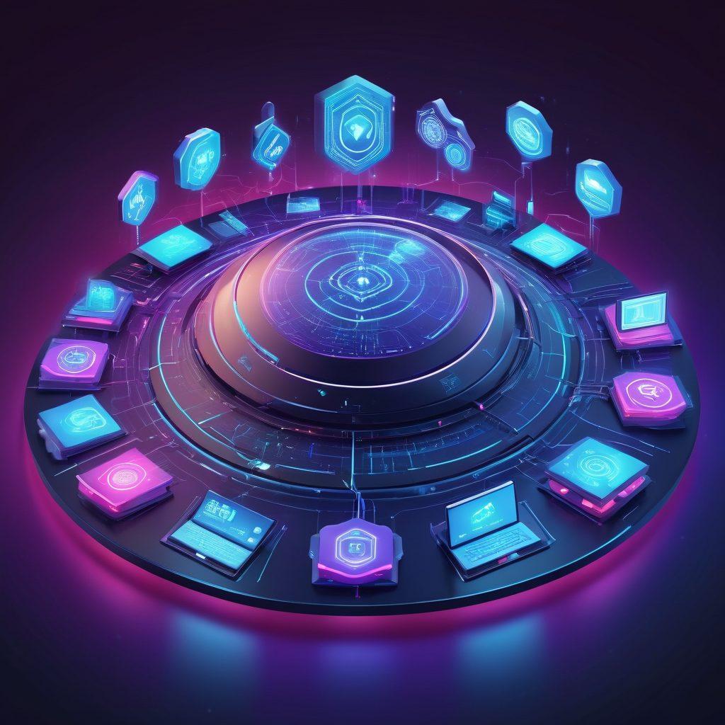 A futuristic digital landscape showcasing interconnected icons for SEO, security shields, website maintenance tools, and analytics graphs, all orbiting around a glowing central server. Each icon is vibrant and detailed, symbolizing comprehensive solutions in a seamless, tech-savvy environment. 3D. vibrant colors. gradient background.