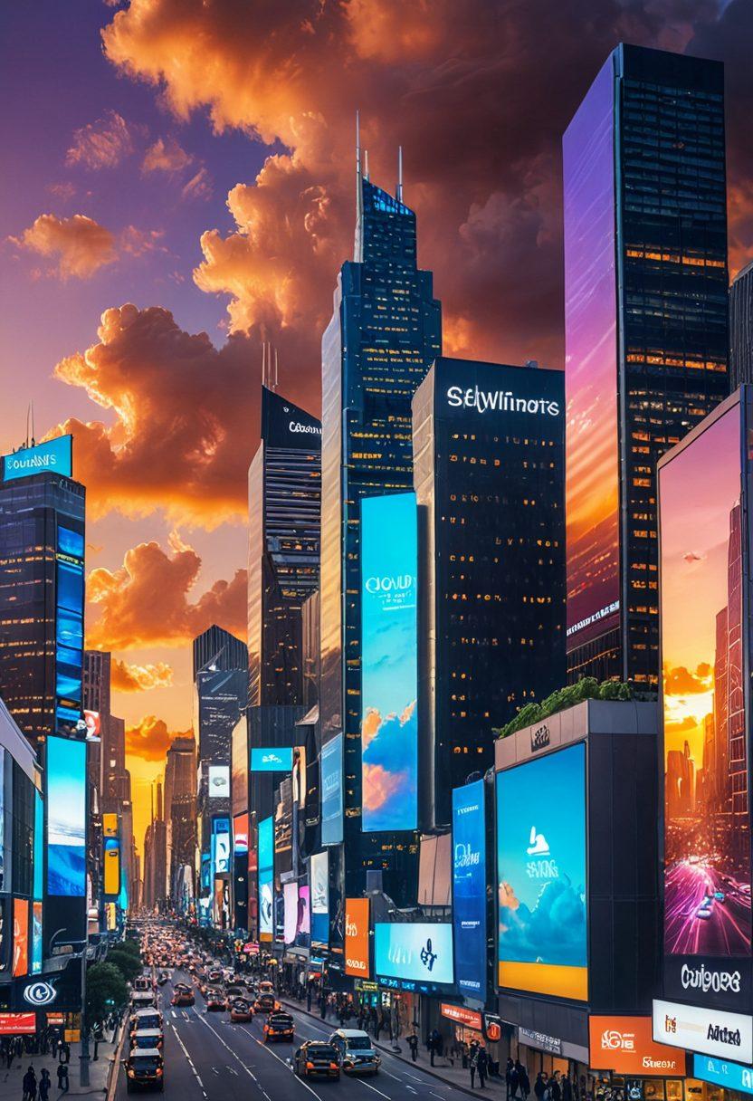 A dynamic, modern cityscape at sunset with gleaming skyscrapers, one of which has digital billboards showing custom website designs, another with banners promoting cloud hosting services, and a bustling street filled with diverse e-commerce transactions. Include a skyline featuring data servers floating in the clouds. super-realistic. vibrant colors.